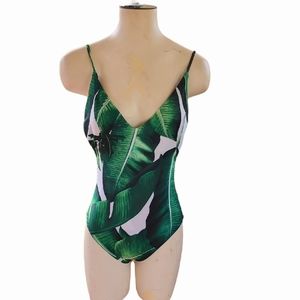 Leaf Print V neck Push Up One Piece w/Cut Out Sides Sz XS